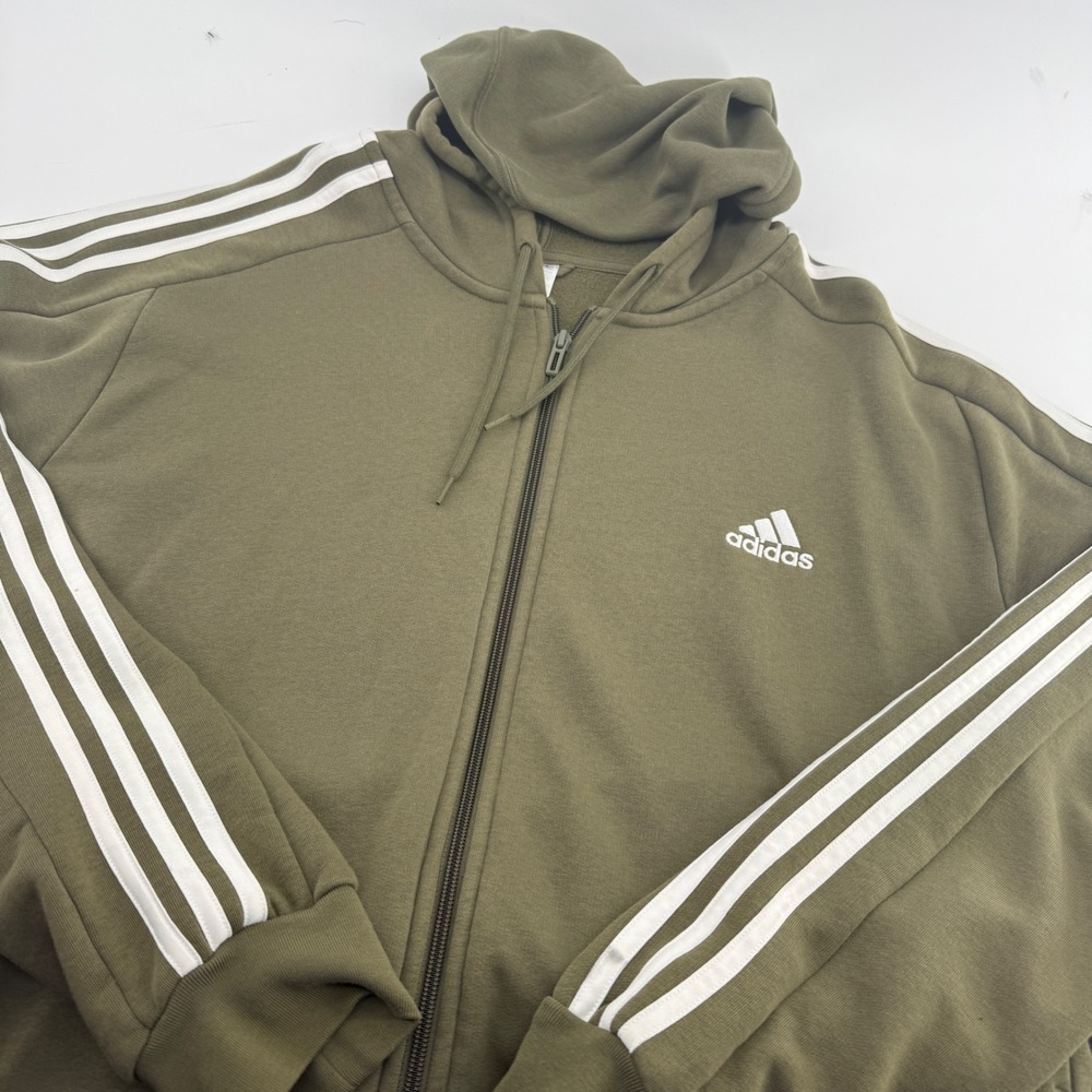 Adidas Mens XL Full Zip Hoodie Olive Green White 3-Stripe Fleece Sweatshirt